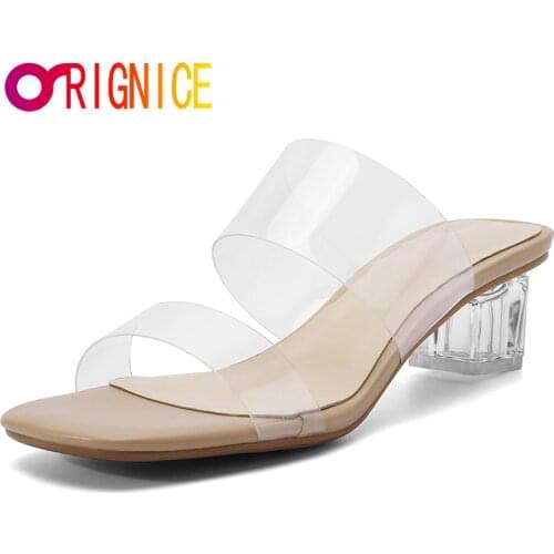 Orignice Fashion Clear High Heels Slippers Women Gladiator Sandals Transparent Mules Beach Wedding Party Shoes Plus Size 34-43