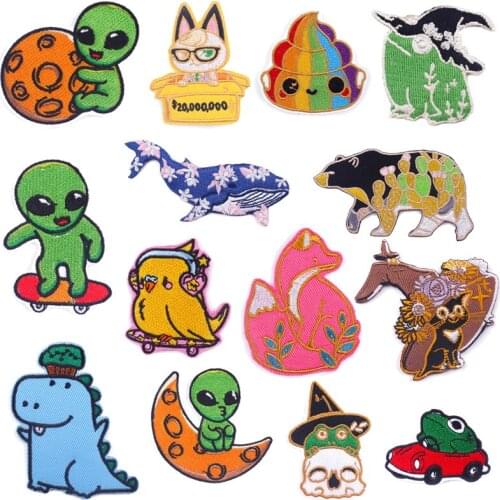 Pulaqi Kawaii Alien Patch Iron On Patches On Clothes Sewing Sticker Patches Embroidered Patch For Clothing Aqpplique Stripe Diy