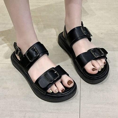 Rimocy Korean Buckle Strap Platform Sandals Women Summer Casual Open Toe Beach Sandalias Woman Solid Non Slip Sports Sandals