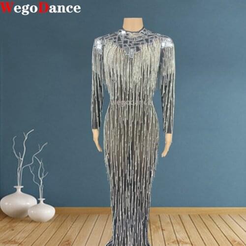 Silver Rhinestones Fringes Dress Lady Prom Evening Outfit Bar Singer Mesh Shining Birthday Tassels
