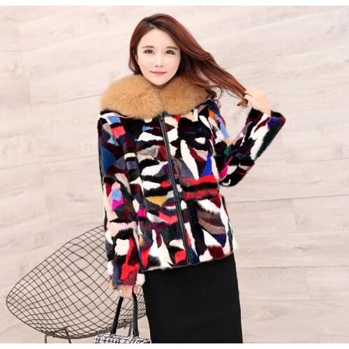 Real New 2020 Fur Coat Natural Mink Coats Colorful Fur Jacket Genuine Fox Fur Collar Hooded Women Winter Jackets WYQ1574 s s