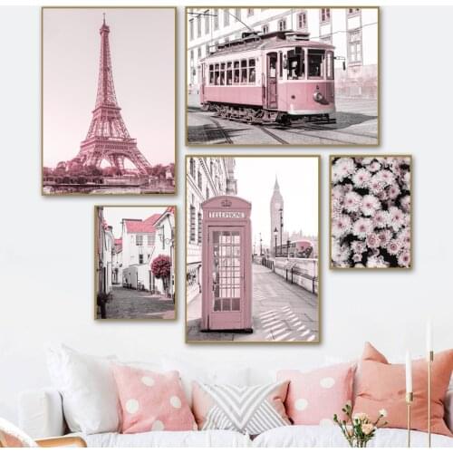 Nordic Print Posters Pink City Bus Flower Building Tower Peace Quote Wall Art Canvas Painting Wall Picture For Living Room Decor