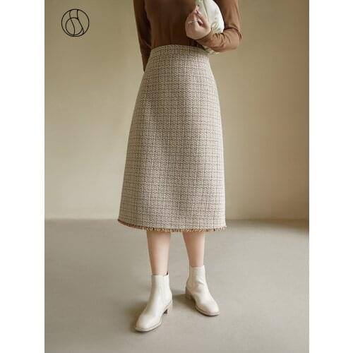 DUSHU Women Temperament Fragrance Straight Skirts Winter New Retro Mid-length Commuter Plaid Skirts Back Spilt Tassel Decoration