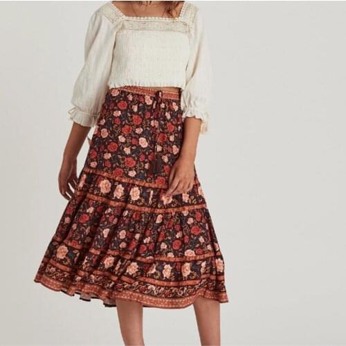 Happie Queens floral print beach Bohemian skirt ladies High Elastic Waist rayon A-Line Boho Maxi Skirts Femme