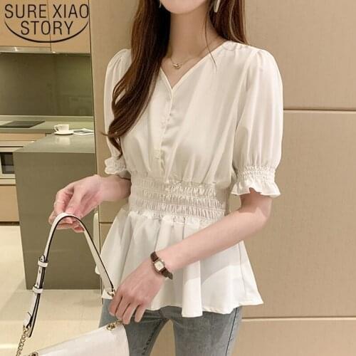 2021 Summer New Lantern Sleeve Waist Hugging Slim Chiffon Shirt Summer Korean Style All-match Short-Sleeve Blouse Women 8971 50