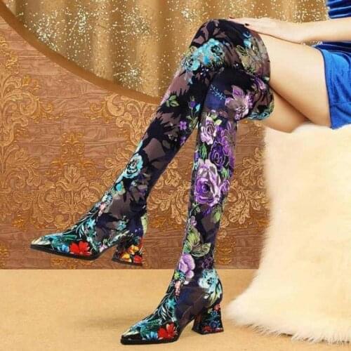 2020 Ladies Knee High Boots Square High Heel Womens Shoes Winter All Matching Sexy Cheongsam Blue Enchantress Women Boots
