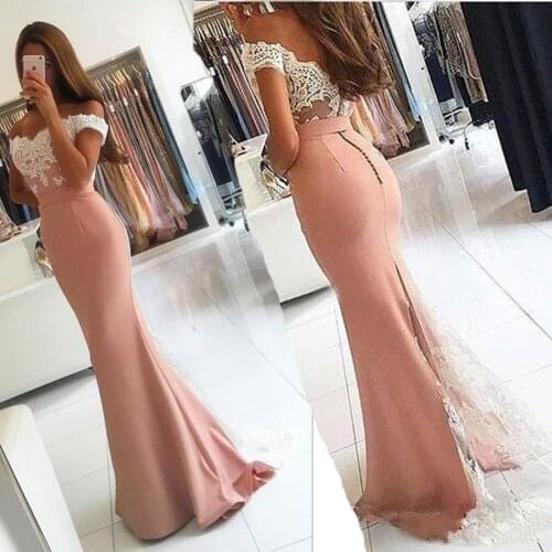 Off-the-shoulder Lace-Appliques Long Mermaid Prom Dress Dark Pink Chiffon Sexy Evening Dress modest prom Gowns with sleeves