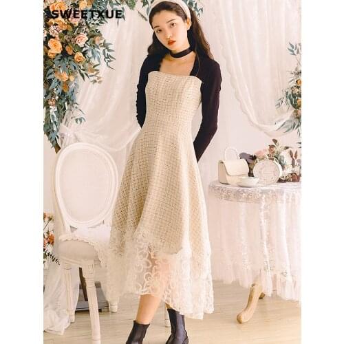 SWEETXUE Black Apricot Knit Sleeve Tweed Check Lace Dresses 2020 Womens Clothing Fashion Elegant Chic Party Dresses Ladies