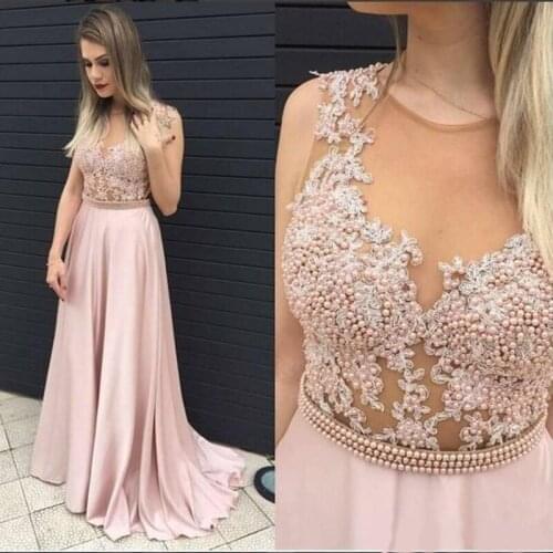 Graceful Pink Long Evening Dresses Prom Dresses Zipper Back Sheer Neck Beaded Formal Evening Gowns Special Occasion Dresses