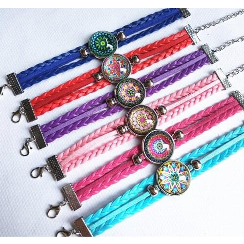 24pcs/lot (12 styles)Buddhist Mandala Glass Cabochs Ancient Silver National wind Charm bracelet for girls Party Gift wholesale