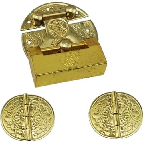 Wooden Jewelry Box Vase Buckle Latch Brass Lock,Decorative Hasp,Lock+Round Hinges,Vintage Antique Lock Set,Yellow