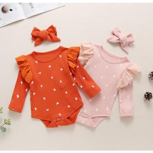 Babys Girl Clothes Ruffles Long Sleeve Bodysuit and Headwear Two-piece Suit Baby Spring Autumn Clothing