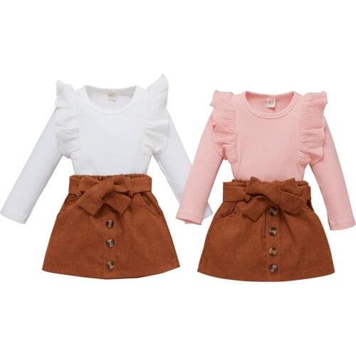 Kids Ribbed Tops Set, Fungus Edge Long Sleeve Solid Color Tops Bowknot Elastic Waist Buttoned Thigh Long Skirt 9M-4T