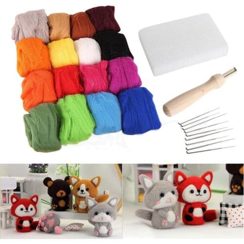 DIY 16 Colors Wool + 9 Needles Felting Handle Mat Set Starter Tool Kit