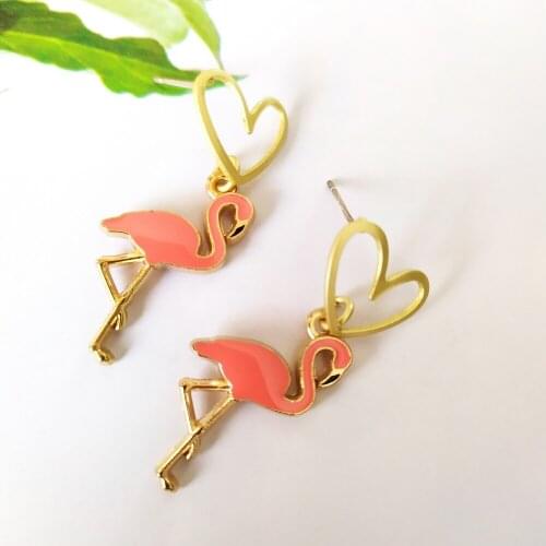 Ins Style Elegant Enamel Flamingo and Cactus Heart Post Women`s Earrings
