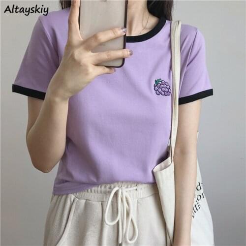 T-shirts Casual Slim Solid Cute Fruit Embroidery Korean Style All-match Summer Fashion Chic Y2k Aesthetic Preppy Student Simple