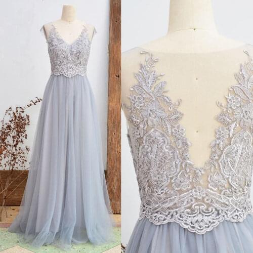 Lace Bridesmaid Dress Dusty Grey Wedding Party Dress Vintage Tulle Women Dress Long Prom Dress A Line Floor Length Mesh Dress