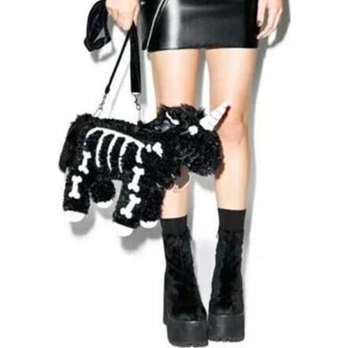 Dark Punk Cute Unicorn Backpack Gothic Pink Plush Flying Horse Skeleton Cartoon Stuffed Toy Bag Kawayi Gift For Kids Girls