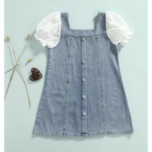 Toddler Baby Girl’s Fashion Summer Dress Solid Color Short Dress Casual Puff Sleeve Stitching A-line Denim Dress With Button