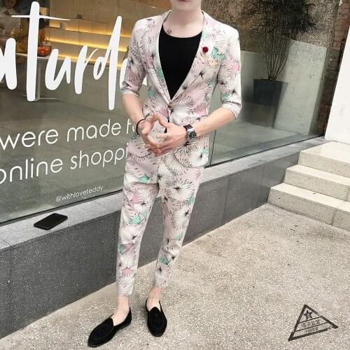 Mens Printed Floral Suit 2PCS Formal Blazer Jacket Pants Slim Fit New One Button L02