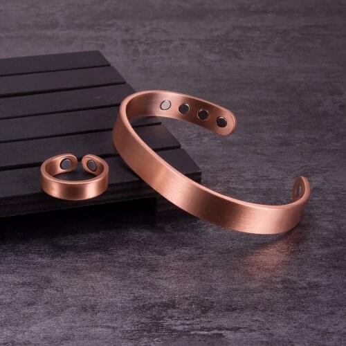 Matte Jewelry-Set Magnetic Pure Copper Bracelet Ring Cuff Adjustable Bangle Health Energy Simple Jewelry Sets for Women Men