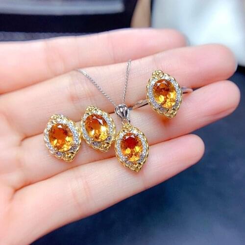 New Fashion 925 Silver Exquisite Inlaid Gemstone Jewelry Set Water Drop Citrine Stud Earrings Necklace Adjustable Ring for Women