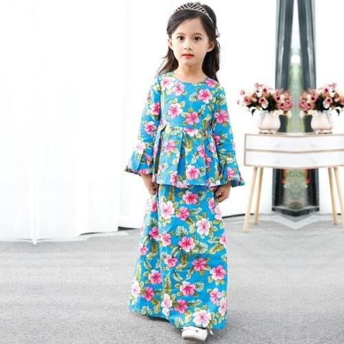 2020 New Childrens Muslim One Piece Floral Dress Girls Long Sleeve Printed Dress Party Dresses for Girls