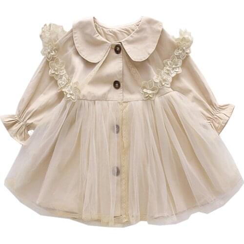 2021 new girls' lovely baby collar mesh windbreaker childrens fashion solid color medium length windbreaker coat