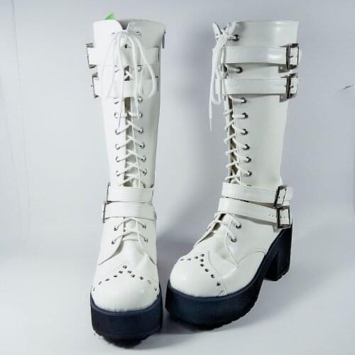 Sexy Women Winter Knee-High Platform Punk Lace-Up Lolita Boots Side Zip Rivet PU Leather Lolita Shows Boots Warm