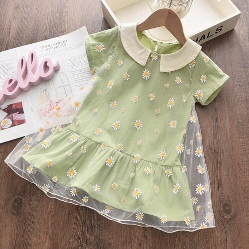 27kids Summer New Girls Green Flowers Small Fresh Lapel Shirt Dress Mesh Embroidery Small Daisy Tide Fan Dress 3-8 year