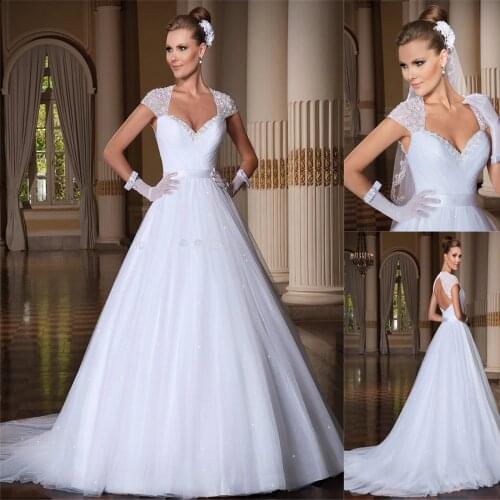 Beautiful Cap Short Sleeves A-Line Wedding Dresses Beading Shoulder Bridal Gowns Custom Made Formal Long Princess With Ribbon