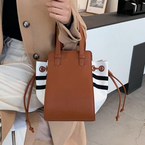 Casual Canvas Bucket Bag for Women Designer Drawstring Handbags Luxury Pu Leather Patchwork Shoulder Crossbody Bags Large Tote