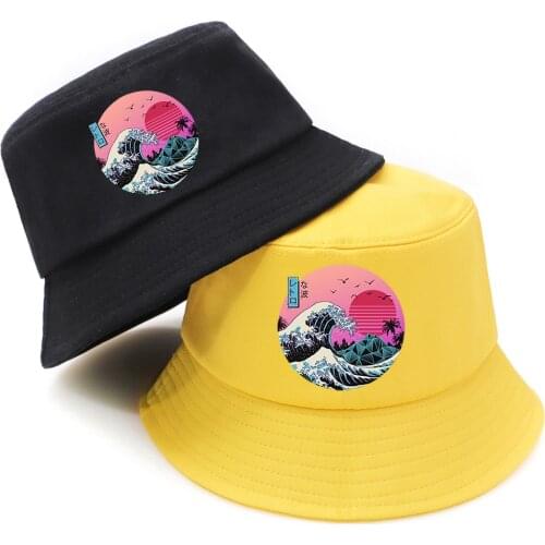 Bucket Hats The Great Retro Wave Vaporwave Kanagawa Print Summer Panama Bucket Caps Men Woman Fishermans Caps Soild color Hats