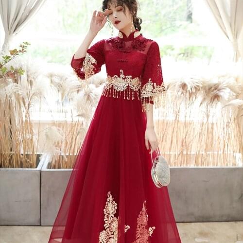 Modern Chinese Traditional Wedding Qipao Red Long Cheongsam Dress Women Elegant Embroidery Oriental Style Evening Dresses