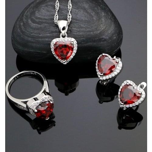 Wedding 925 Sterling Silver Bridal Jewelry Sets For Women White Crystal And Red Heart Stone Earrings Ring Necklace Pendant