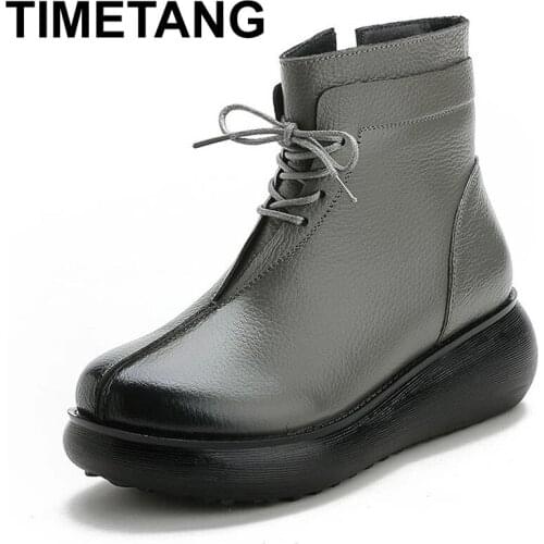 TIMETANGComfort Winter Warm Flat Platform Boots Women Shoes Genuine Cow Leather 2021 Handmade Vintage Mid Heel 5CM Lace Up Ankle