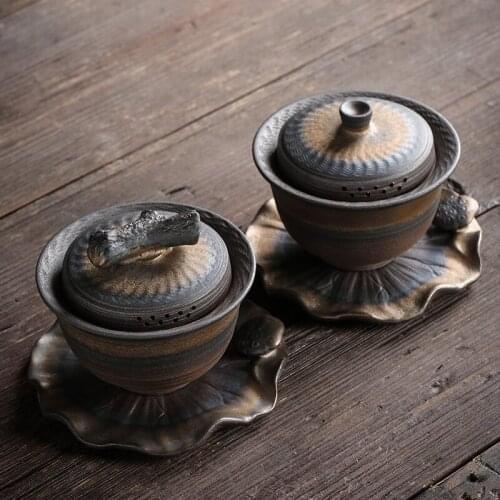 Vintage Ceramic Gaiwan Tea Cup Handmade Tureen Lid Bowl Chinese Tea Bowl Saucer Jingdezhen Tea Set Kung Fu Personal Teaup Gift