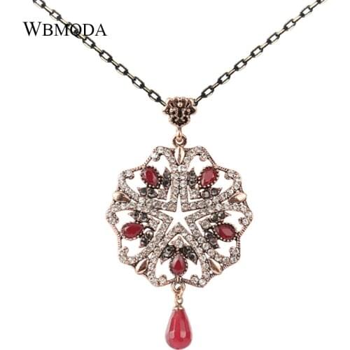 Vintage Turkish Crystal Necklace Women Hollow Pentagram Heart Pattern Pendant Necklace Antique Gold Red Natural Stone Jewelry
