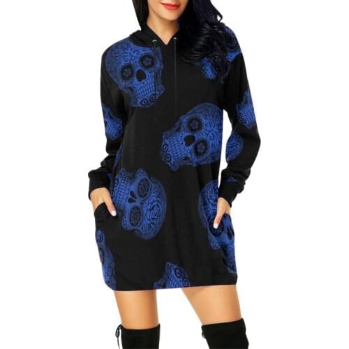 Vintage Women Halloween Dress 2021 Autumn Fashion Casual Skull Print Hooded Long Sleeve Dress Pockets Loose Ladies Party Dress