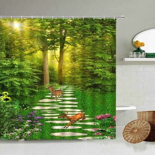 Forest Natural Scenery Shower Curtain Spring Trees Flowers Trail Bathroom Decoration Photography Background Waterproof Screen