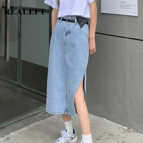 REALEFT 2021 New Spring Summer Women Long Denim Skirts with Belted Vintage High Wasit Jeans Skirt Side Split A-line Skirt Female