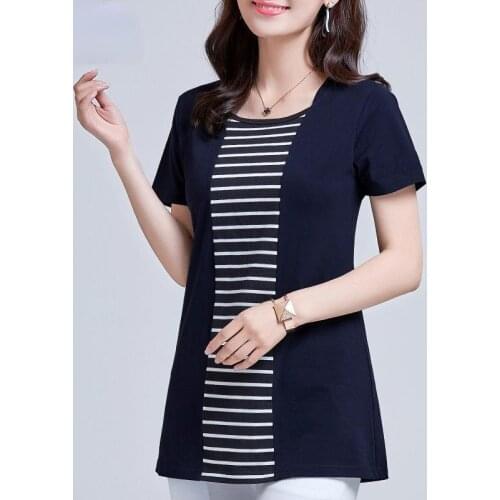 Mother Wear Summer Loose Large Size 5XL Female Middle-aged Women Round Neck Fake Two Striped Short Sleeve T-shirts 2021 X163