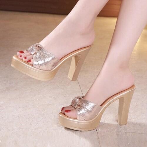 Plus Size 32-43 Block Heel Platform Slippers Women Wedding Shoes Summer 2021 Open Head Bow High Heels Slides Ladies Slippers