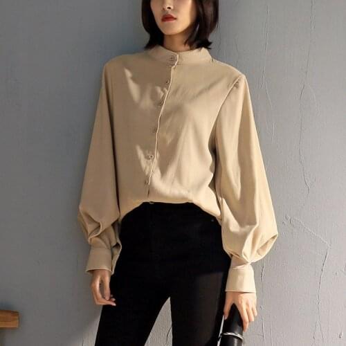 Vintage Lantern Sleeve Shirts Female Fashion Sheer Ruched Khaki Tops Temperament Ladies Retro Stand Collar Women Blouses