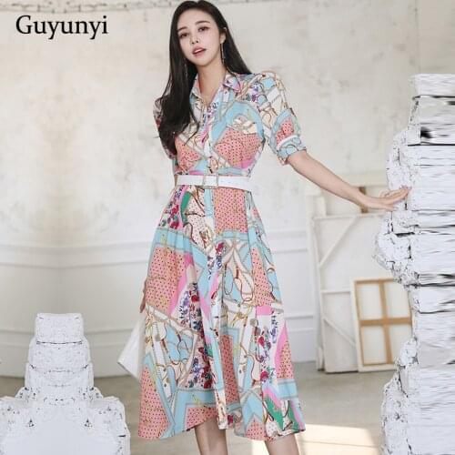 Bohemian Shirt Dress 2021 Summer Fashion Print Puff Sleeve Lapel Single Breasted Elegant Seaside Holiday Chiffon Dress Women