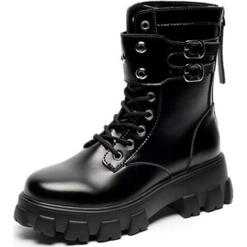 Winter Retro Platform Boots Women Lace Up Black Leather Martin Ankle Boots Buckle Strap Zipper Shoes Metal Decoration Botas