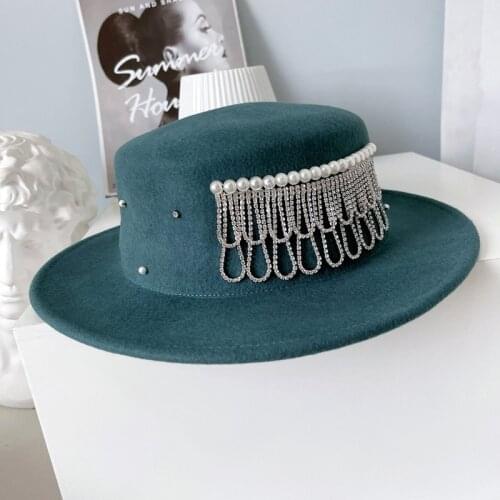 Winter Womens Hat French Classic Wool Felt Hat Ladies Fedoras Fashion Pearl Rhinestone Tassel Flat Top Hat Black Church Cap