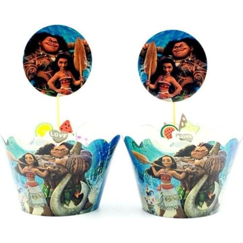 12PCS/lot Moana Theme Boys Favors Cupcake Toppers Cake Happy Birthday Wrappers Decoration Baby Shower Party Supplies