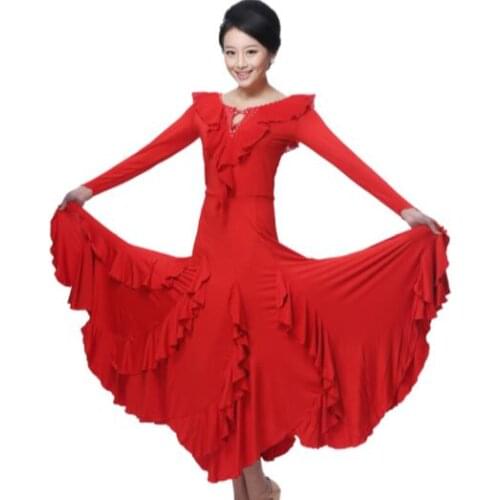 Plus size pink red black Ballroom Dress Viennese standard ballroom tango party dress long sleeve