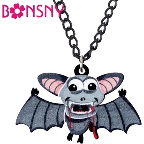 Bonsny Acrylic Halloween Zombie Blood Bat Necklace Pendant Chain Cartoon Animal Punk Jewelry For Women Girls Gift Party Charms
